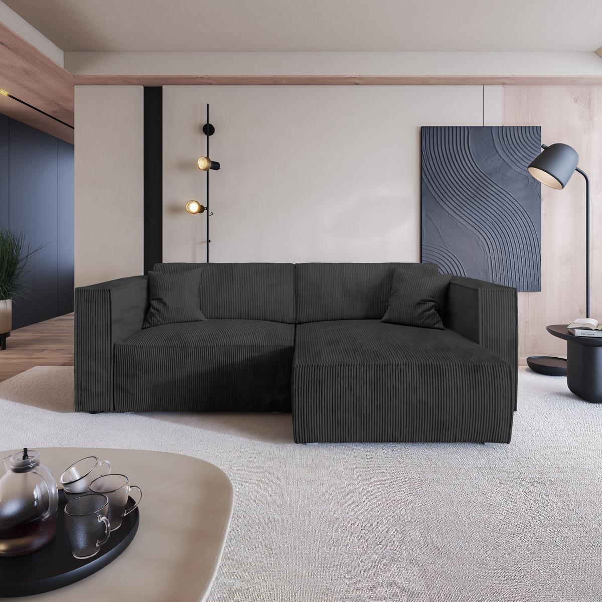 ECKSOFA NERIO P Schwarz Kordstoff mit Schlaffunktion - Schwarz/Grau, Holz/Kunststoff (245/148cm) - MASSENO