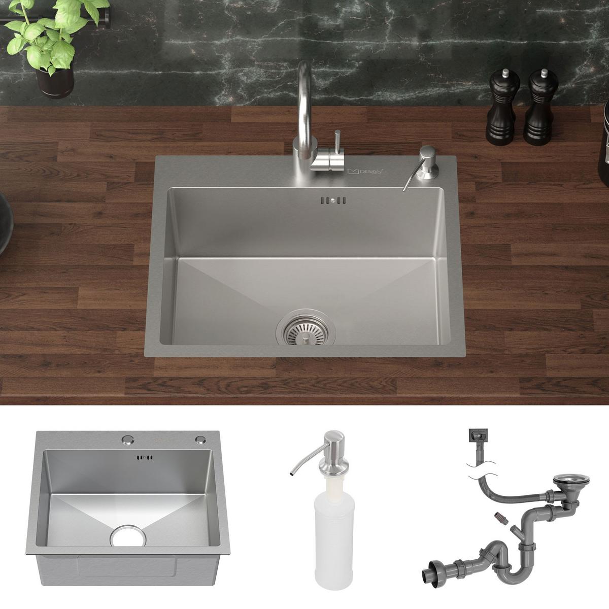 SPÜLBECKEN aus Edelstahl 55x45 cm mit Siphon und Seifenspender - Silberfarben, Metall (45/19/55cm) - ML-DESIGN