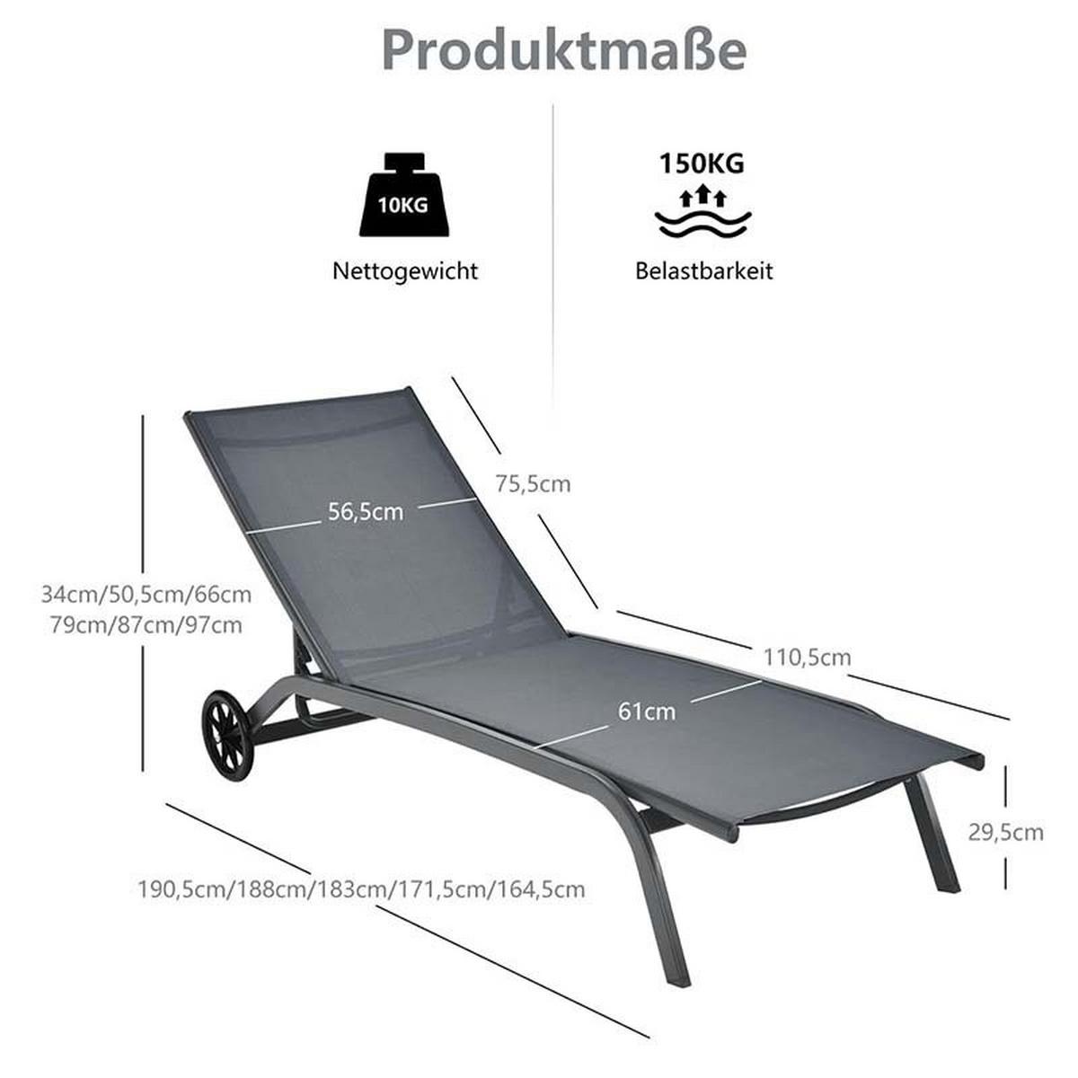 SONNENLIEGE mit Rollen grau - Grau, Metall (190.5/97/61cm) - COSTWAY