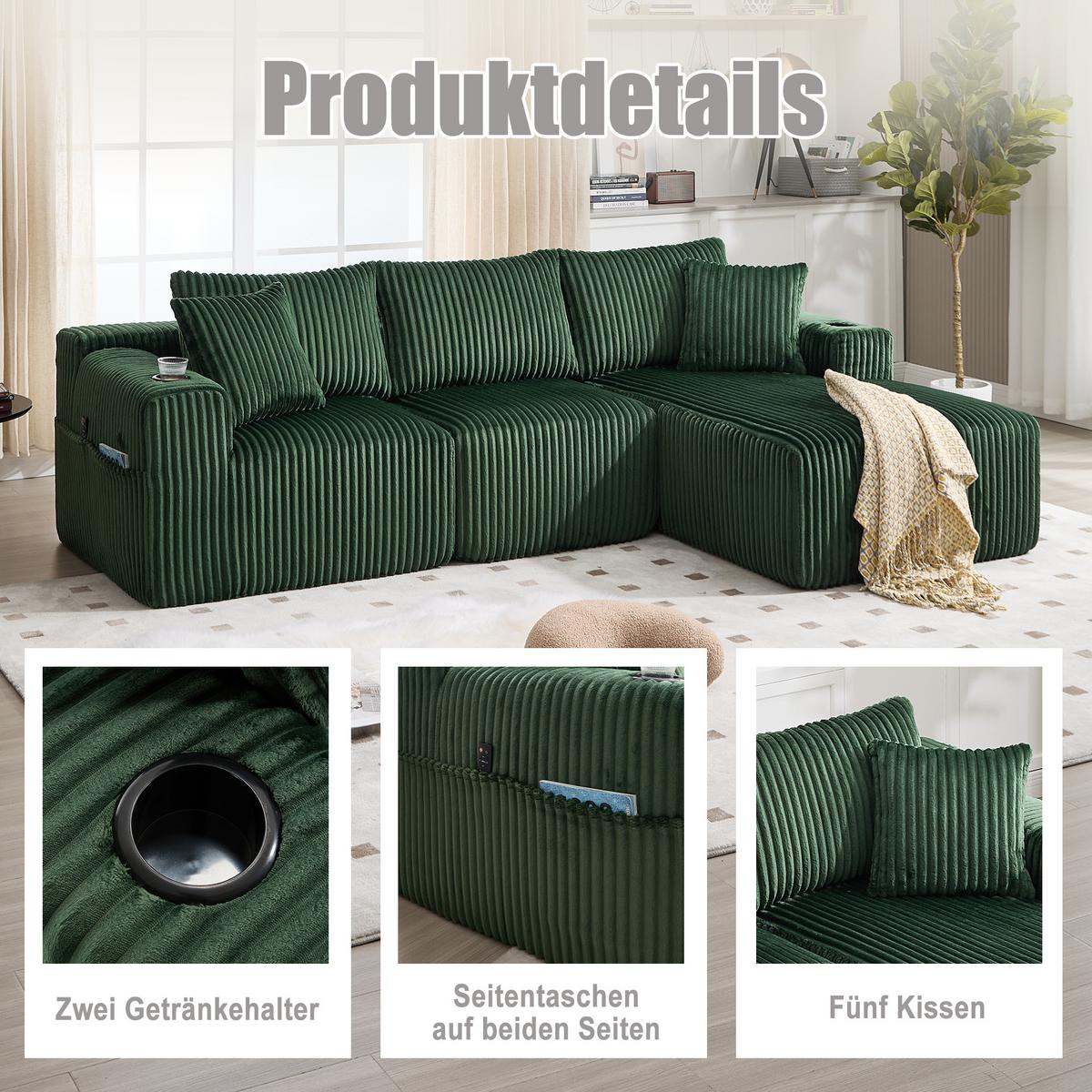 ECKSOFA mit Chaiselongue Cord - Smaragdgrün, Textil (257/160cm) - Urban Meuble