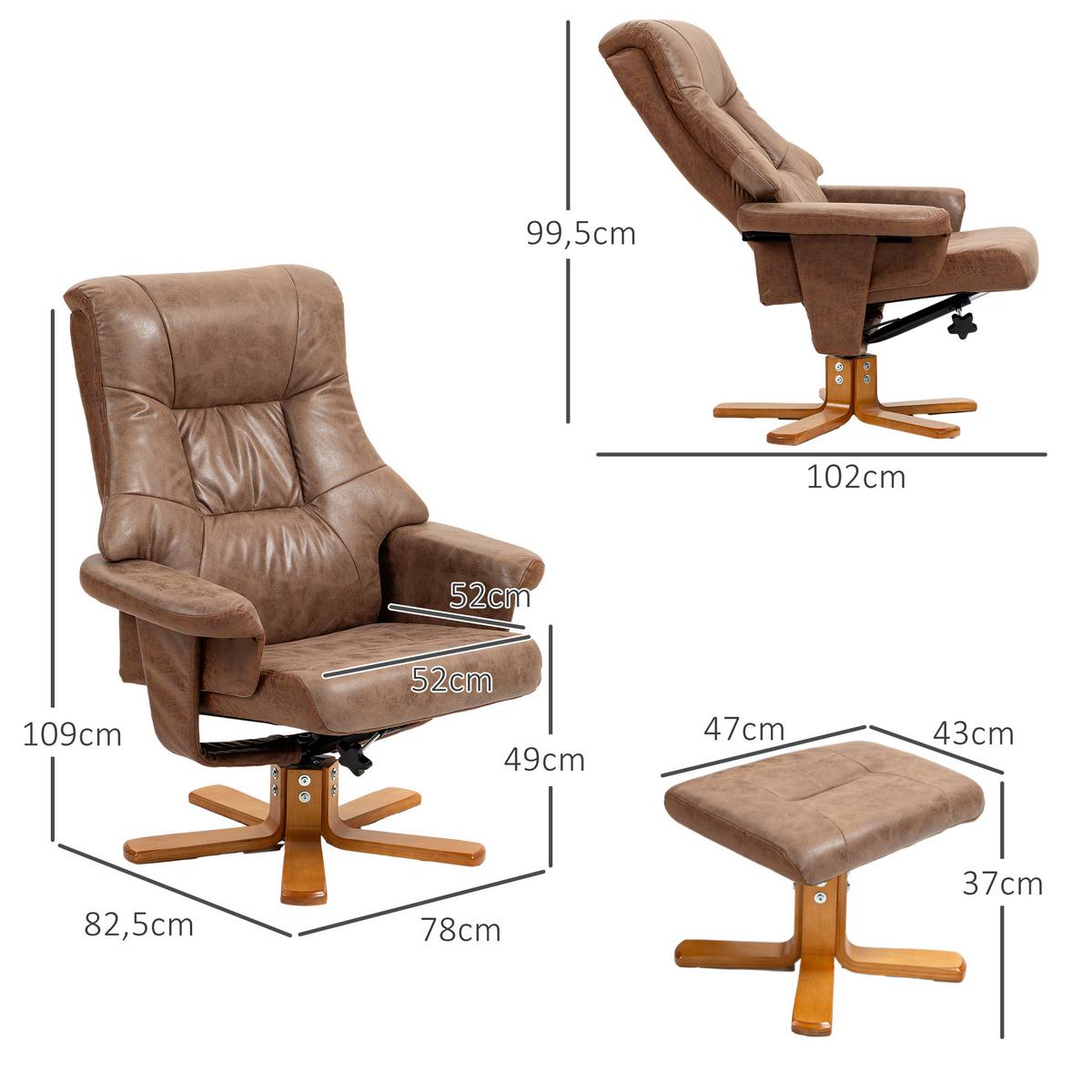 RELAXSESSEL mit Hocker, Fernsehsessel, Polstersessel TV Sessel mit Liegefunktion - Braun, Kunststoff (82.5/109/78cm) - HOMCOM