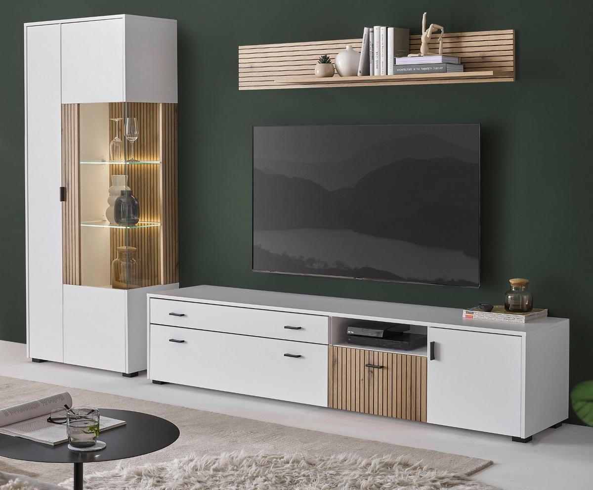 WOHNWAND 3-teilig weiß matt, Eiche 285 cm, Schrankwand mit Soft-Close-Funktion - Eichefarben/Schwarz, Glas/Holzwerkstoff (285/180/42cm) - Furn.Design