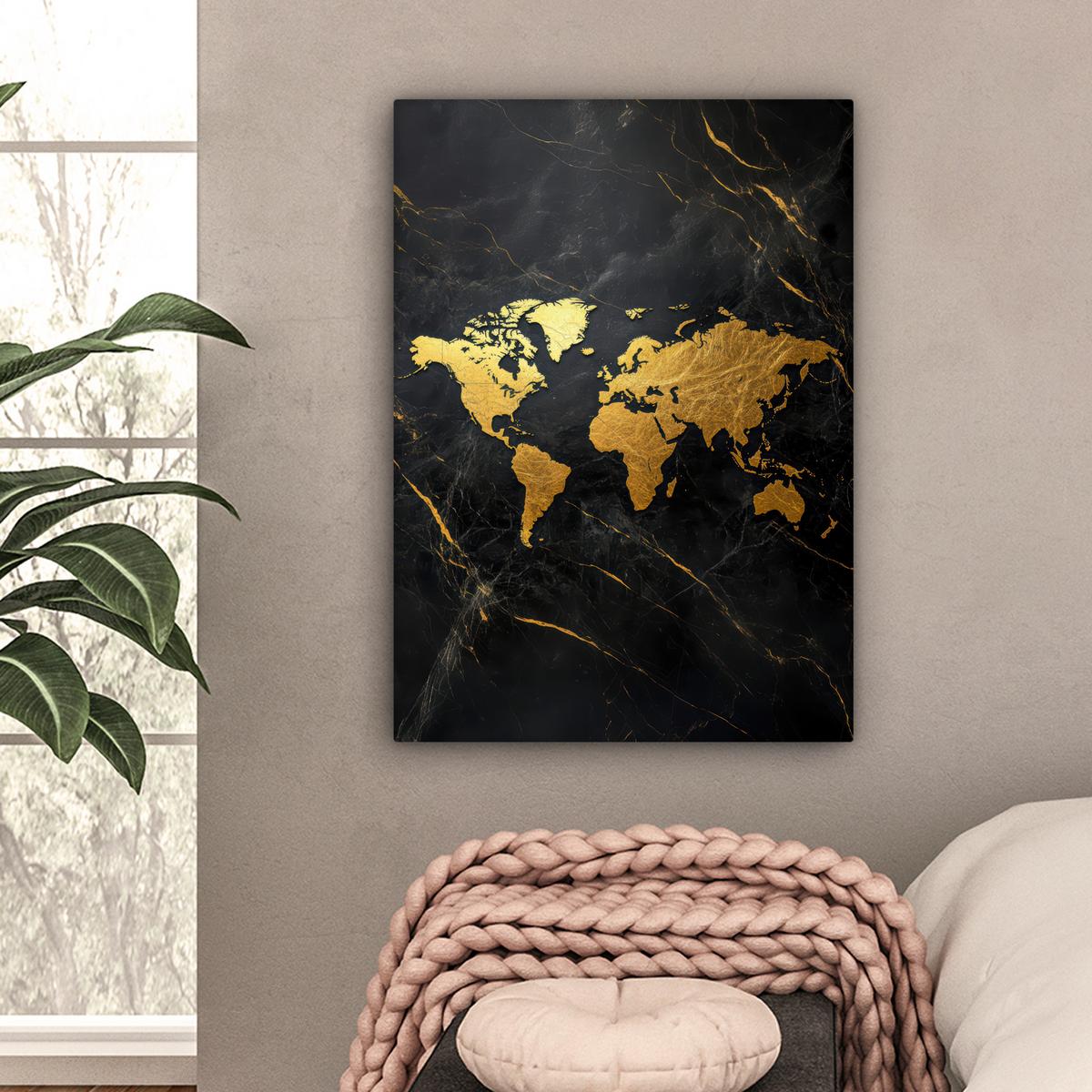 LEINWANDBILD Weltkarte - Gold - Marmor Wandbild Wohnzimmer 60x80 cm - Goldfarben, Textil (60/80cm) - MuchoWow