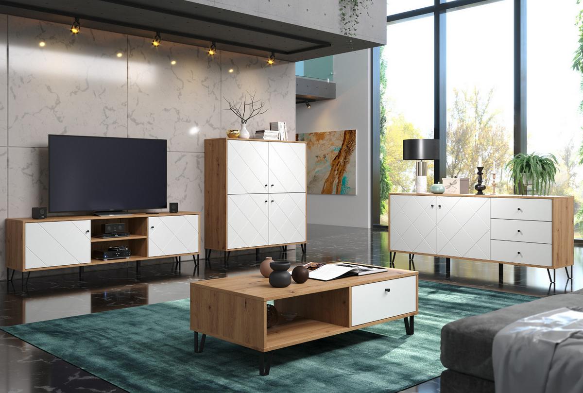 REGALSCHRANK weiß matt, Eiche Artisan 63 x 136 cm, Bücherregal mit Rautenoptik - Eichefarben/Schwarz, Holzwerkstoff/Kunststoff (63/136/40cm) - Top.Furn