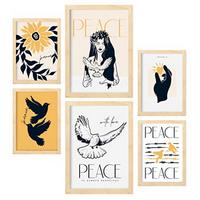 POSTER Set Mit 6 In Schwarzer Tinte Frieden Und Liebe Kunstdrucke Von Meer Und Ozean Für Innenarchitektur A3 & A4 Rahmen Aus Hellem Holz - Beige, Papier (29/3cm) - Nacnic