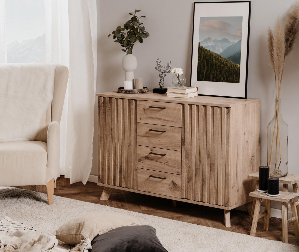 KOMMODE Eiche 127 cm, Sideboard mit viel Stauraum und Push-to-Open - Eichefarben/Messingfarben, Holzwerkstoff/Metall (127/85/40cm) - Furn.Design