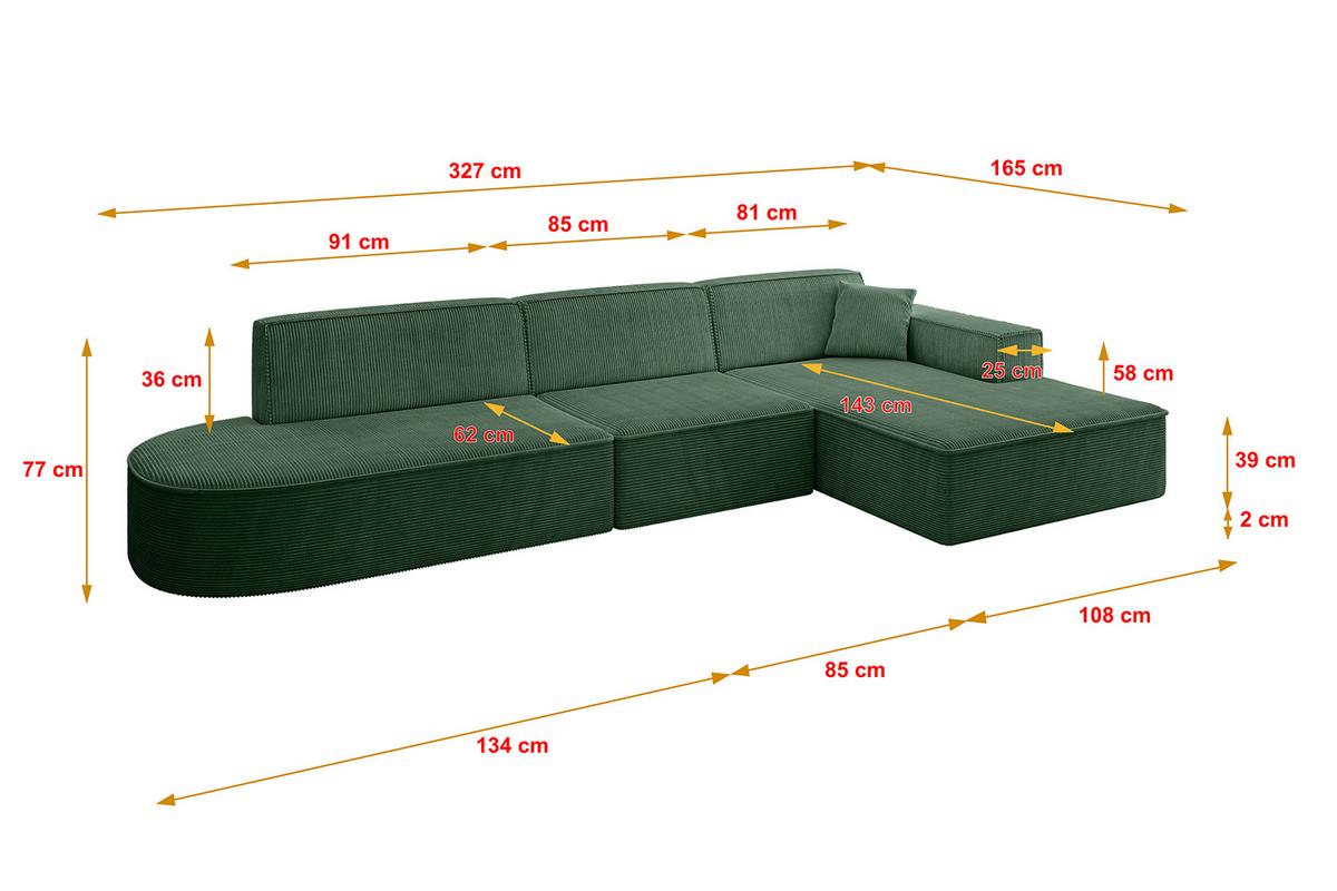 ECKSOFA Ottomane Rechts IREA-L2-v4 - 327x165x77 cm Grün - Currygelb, Holzwerkstoff/Textil (327/165cm) - ALTDECOR
