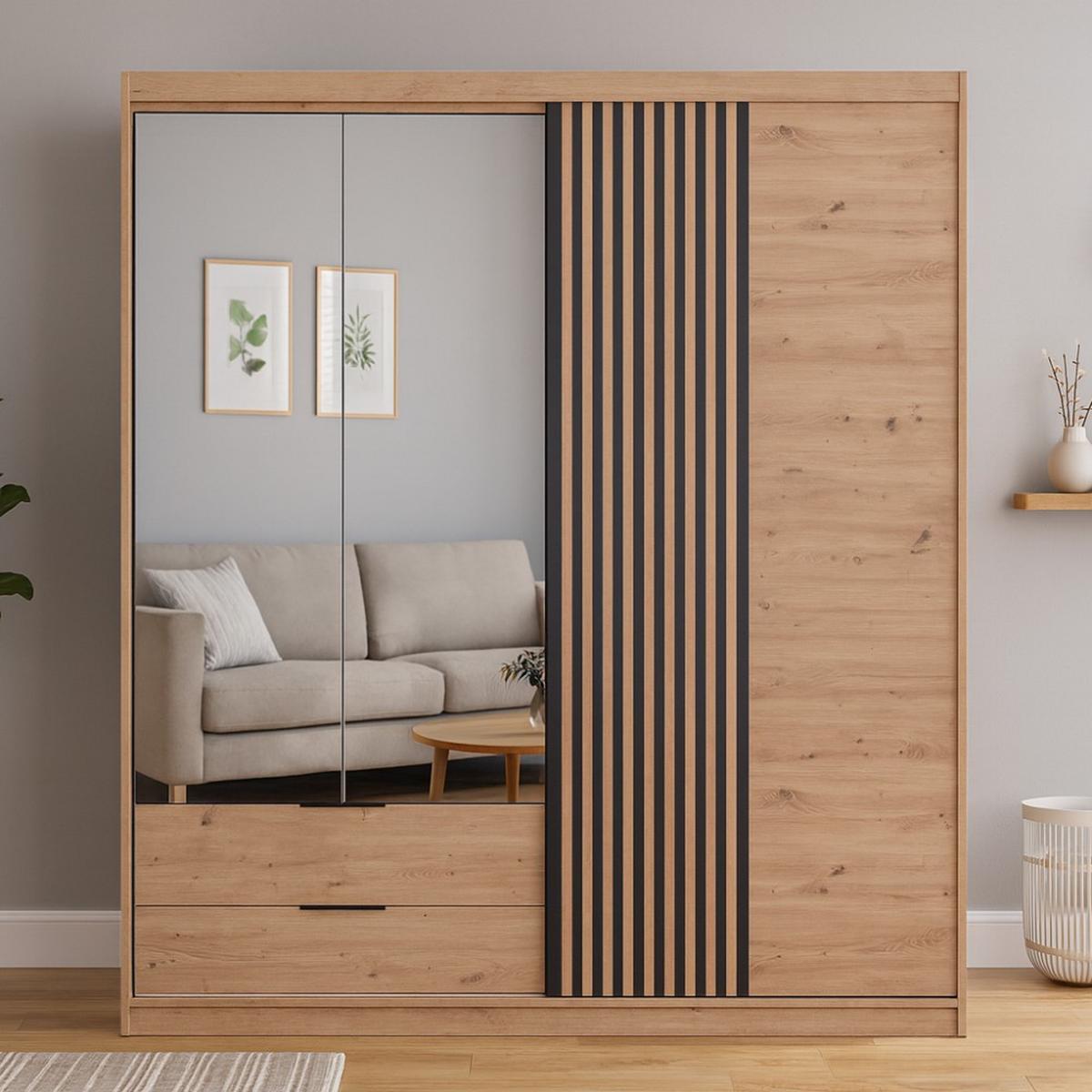 DREHTÜRENSCHRANK Madero mit Spiegel und 2 Schubladen, 203 cm, eiche Artisan - Eiche Artisan, Holzwerkstoff (203/213/60cm) - Beautysofa