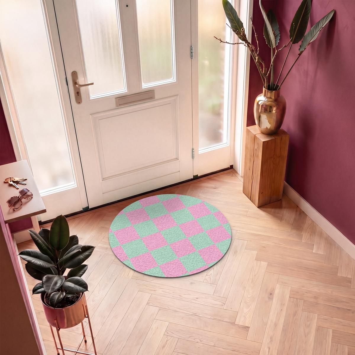 FUSSMATTE Schachbrettmuster - Grün - Rosa - Würfel Fußabtreter 90x90 cm - Mintgrün, Kunststoff (90/0.4cm) - MuchoWow