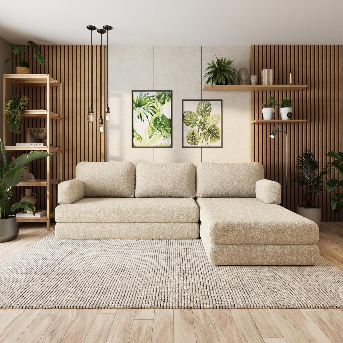 ECKSOFA LEA modulares Boneless Sofa mit Schlaffunktion Creme Boucle-Stoff - Creme, Textil (270/160cm) - MASSENO