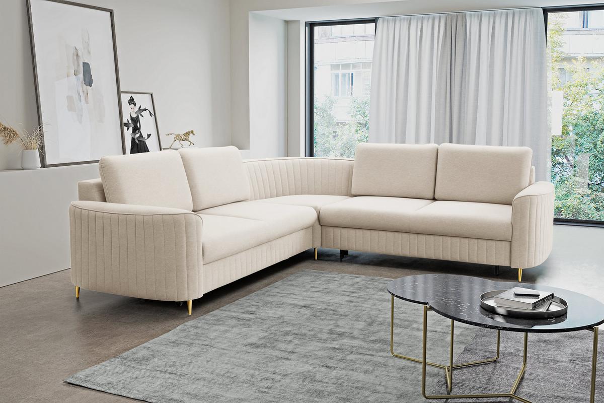 ECKSOFA VELA L-S Beige Velours-Stoff mit Schlaffunktion - Beige, Holz (251/251cm) - MASSENO