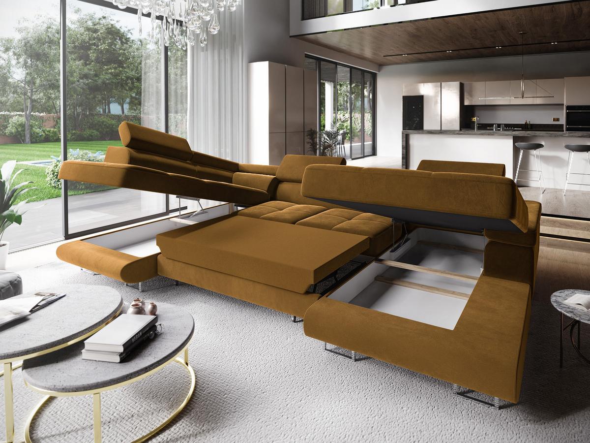 WOHNLANDSCHAFT CASONE L-S Gelb Velours-Stoff mit Schlaffunktion - Gelb/Silberfarben, Holz/Textil (345/90/202cm) - MASSENO