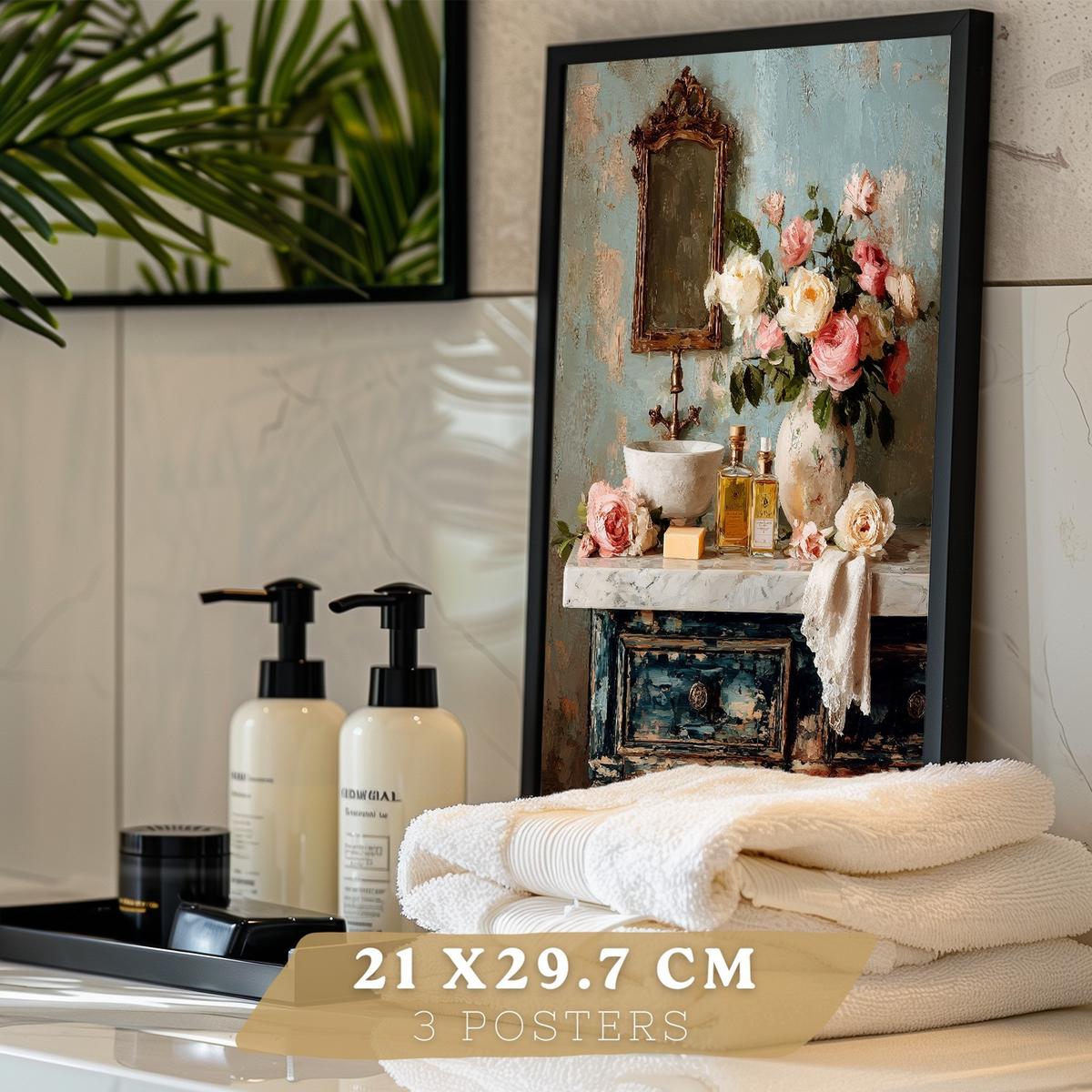 POSTER 3er-Set dekorative Badezimmerdrucke, romantischer Stil, Bilder mit Rosen Badewanne und Parfums, Blumenposter, Schwarzer Rahmen A4 - Schwarz, Papier (29.7/21/3cm) - Nacnic