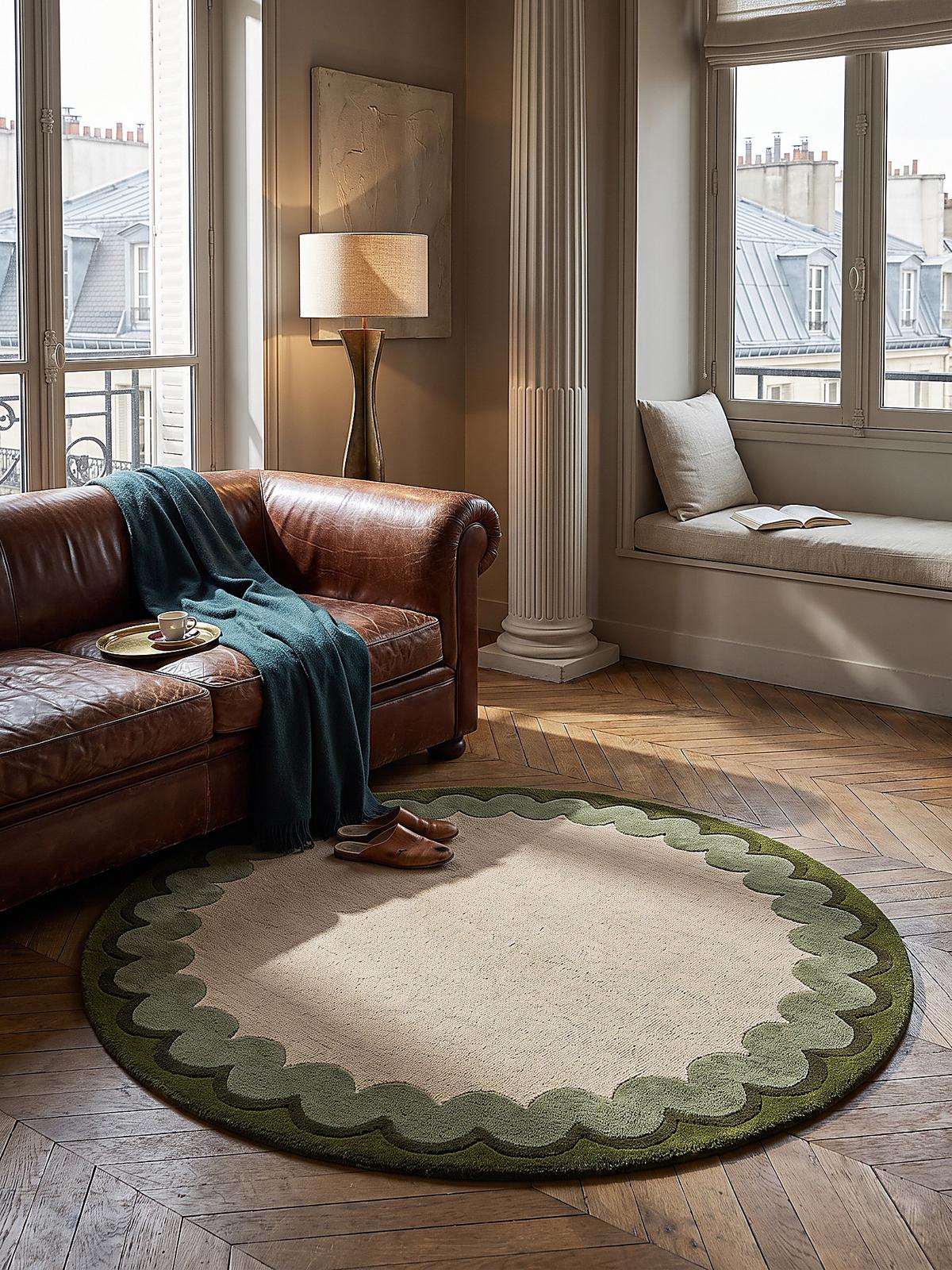 WOLLTEPPICH handgetuftet WAVENEY, Zickzack-Wellenbordüre, Olivgrün, Ø 160 cm - Grün, Textil (160/160cm) - KADIMA DESIGN