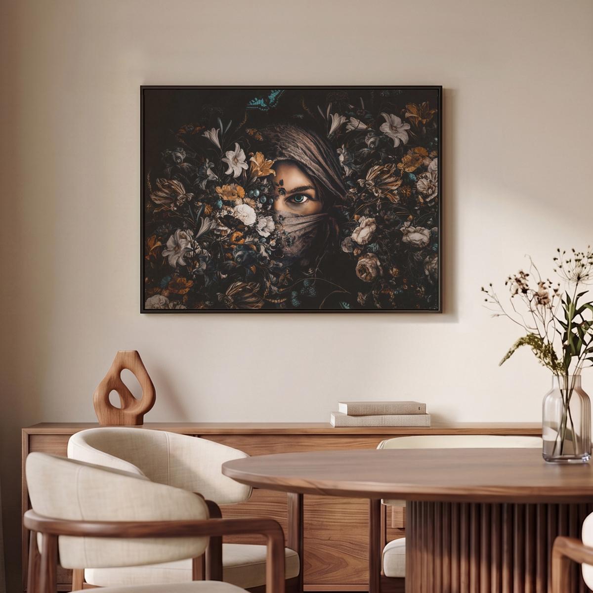 LEINWAND Bilder mit Rahmen - Frau - Luxus - Blumen - Schmetterling - Porträt - 80x60 - Schwarz, Textil (80/60cm) - MuchoWow