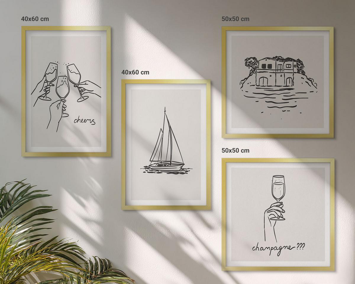 BILDER SET 4er Set - 50x50 cm & 40x60 cm Goldrahmen - Haus am Wasser, Toastsegelboot - Goldfarben, Kunststoff (50/50cm) - TULUP