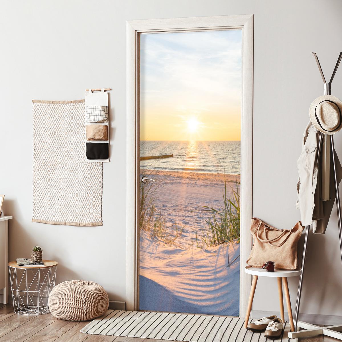TÜRAUFKLEBER Strand - Sonne - Düne - Gras - Sand - Horizont 90x235 cm - Türtapete - Dunkelgelb, Kunststoff (90/0.1cm) - MuchoWow