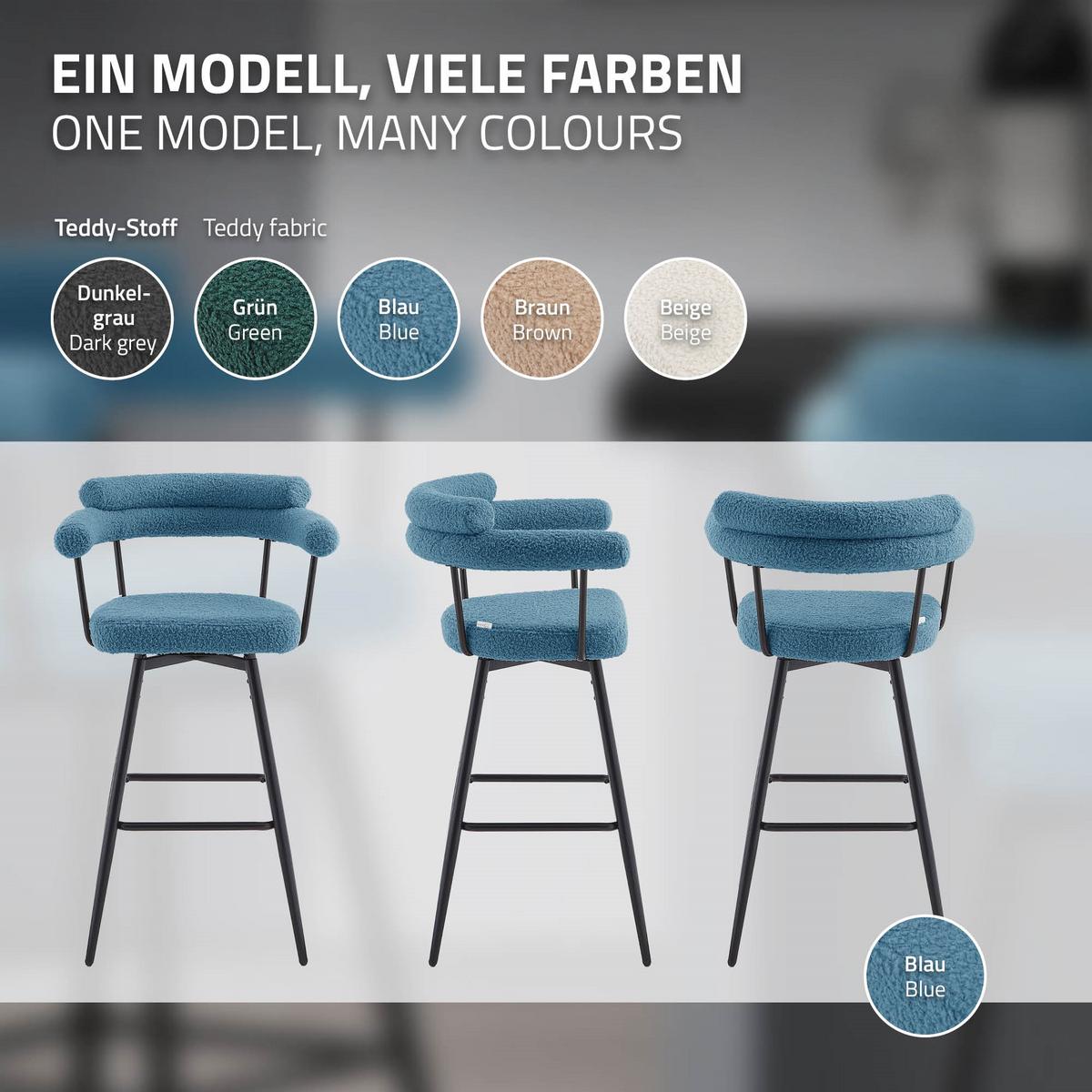 BARHOCKER 4er Set drehbar Blau mit Teddy-Stoff 76 cm hoch - Blau/Schwarz, Textil/Metall (61/103/55cm) - ML-DESIGN
