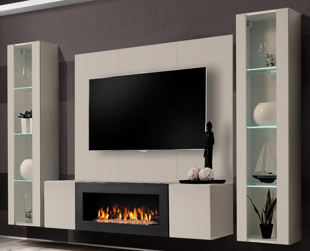 WOHNWAND Kaschmir 4-teilig 260 cm hängend, Schrankwand mit LED-Beleuchtung und Ethanol Kamin - Kaschmir, Glas/Holzwerkstoff (260/170/40cm) - Inn.Furn