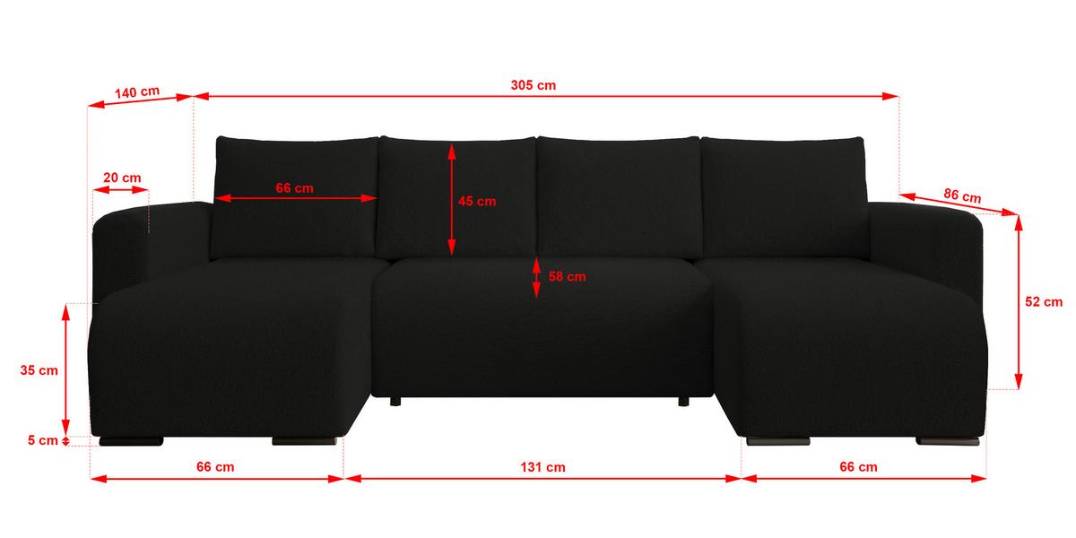 WOHNLANDSCHAFT DORA U mit Bettkasten und Schlaffunktion, U-Form, bequem - Schwarz, Textil (305/85/140cm) - Storez24