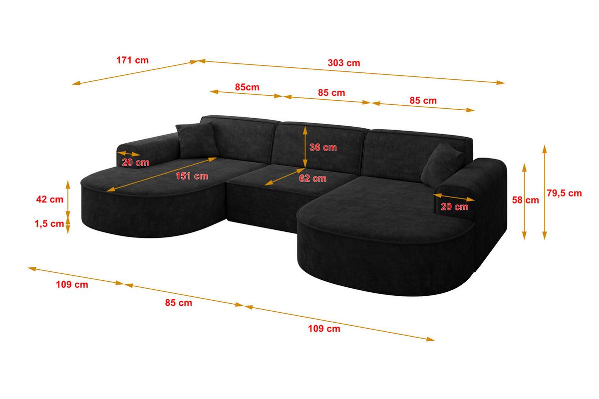 WOHNLANDSCHAFT MARI-U1 - 303x171x79 cm Schwarz Velours - Schwarz, Holzwerkstoff/Kunststoff (303/79/171cm) - ALTDECOR