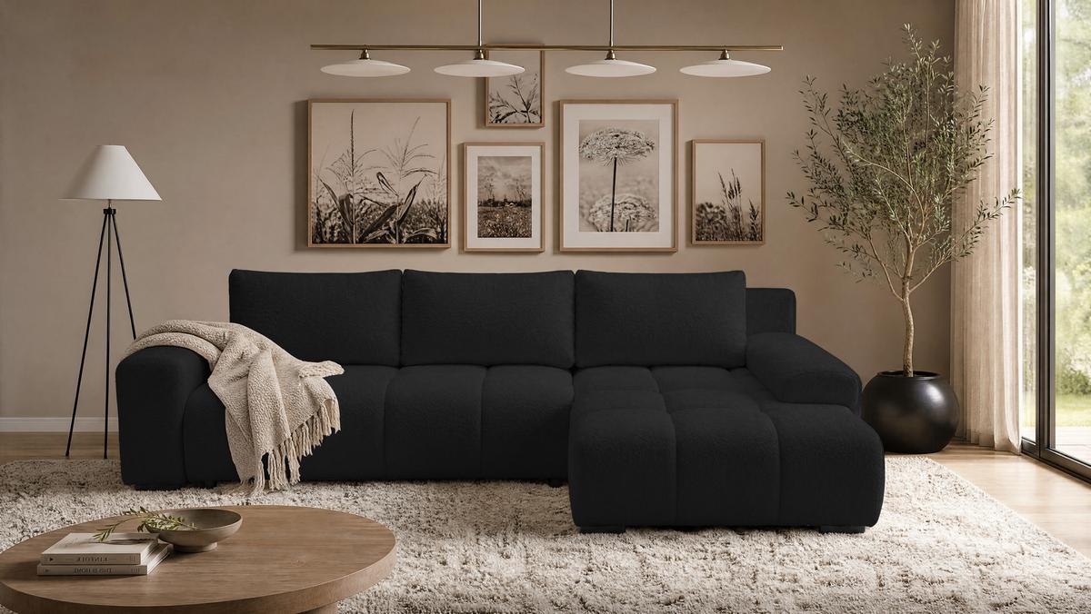 ECKSOFA Ovia mit Bettkasten und Schlaffunktion, Bouclé-Stoff in L-Form - Schwarz, Textil (270/185cm)