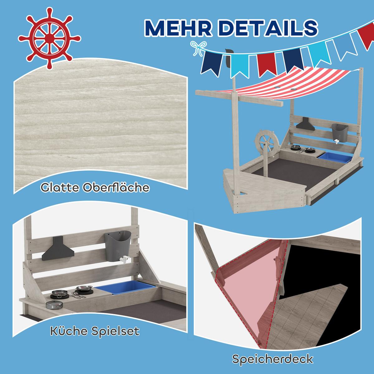 SANDKASTEN Sandkiste groß mit Abdeckung im Schiff Design Matschekiste aus Holz - Grau, Holz (180/103/144.5cm) - Outsunny