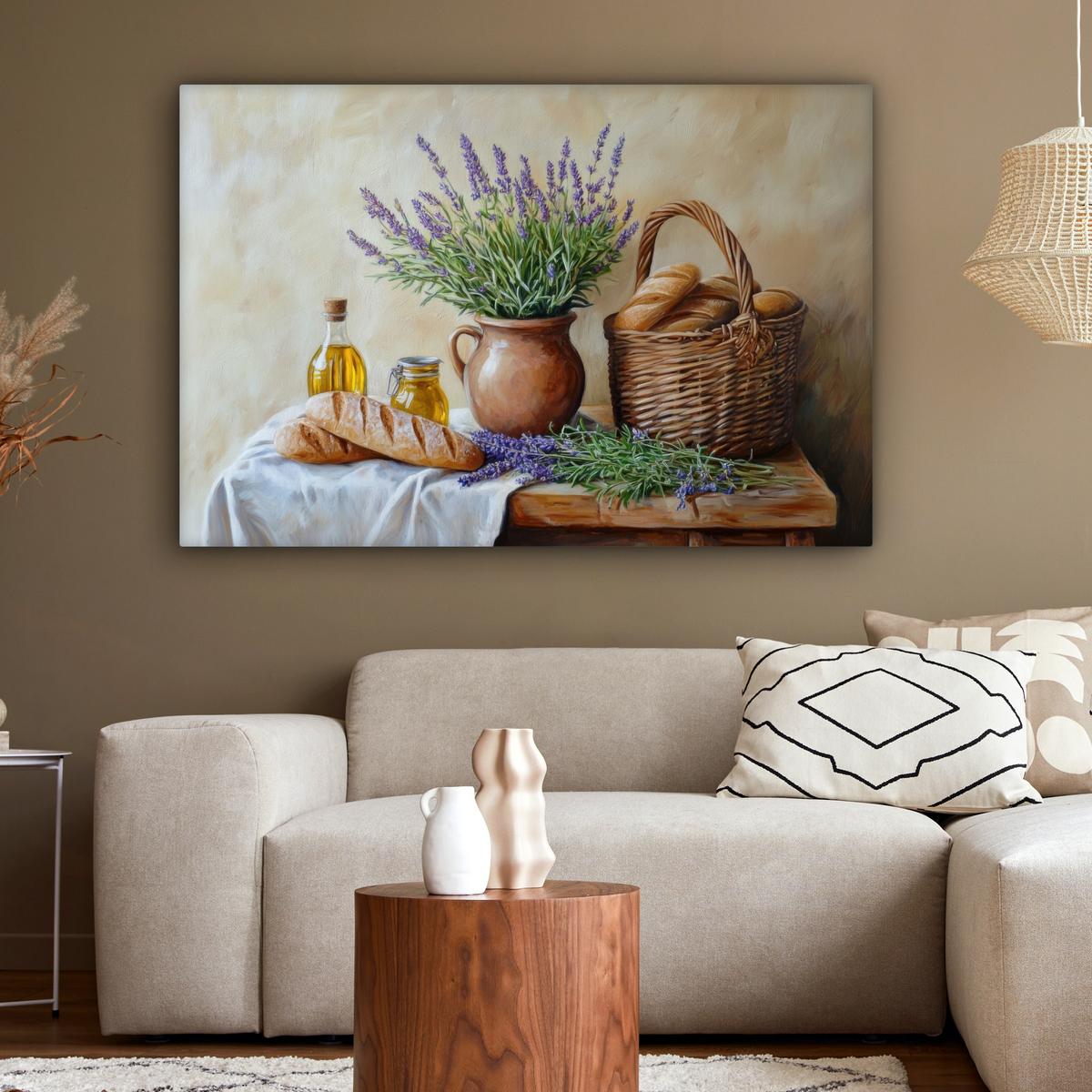 LEINWANDBILD Lavendel - Brot - Stilleben Groß 140x90 cm - Flieder, Textil (140/90cm) - MuchoWow