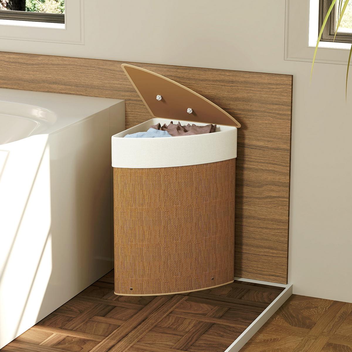 BAMBUS Wäschekorb mit Deckel 55 L Eck Wäschesammler mit herausnehmbar Wäschesack - Braun, Naturmaterialien (35/60/35cm) - HOMCOM