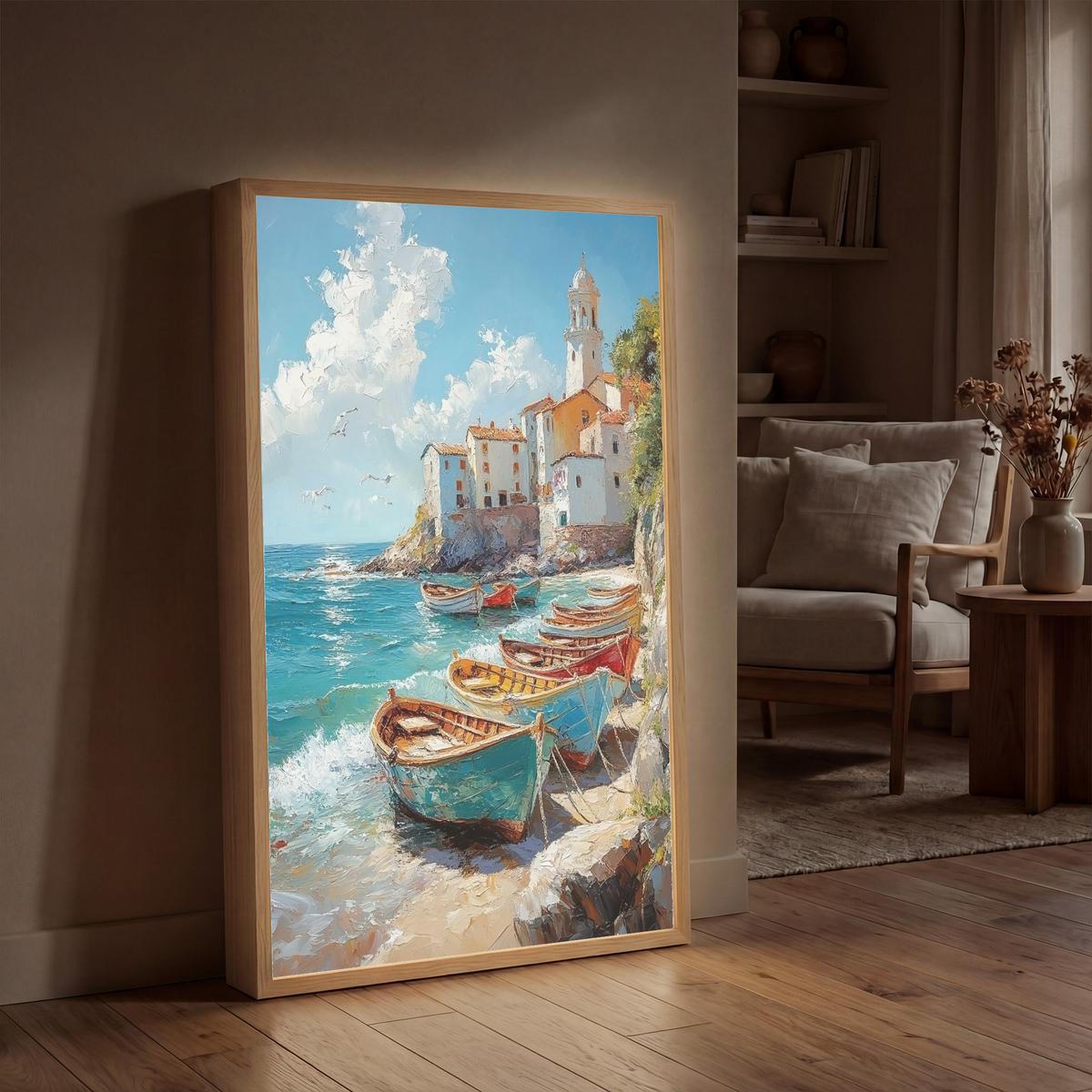 WANDLEUCHTE MIT AKKU Boote - Felsen - Meer - Sonne 70x100 cm - Blau, Holzwerkstoff (70/100/8cm) - OnlyWow