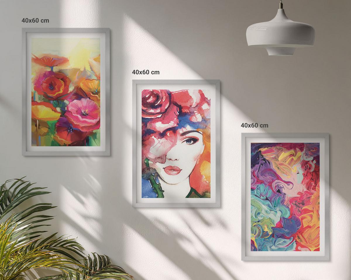 BILDER SET 3er Set - 40x60 cm Silberner Rahmen - Intensives Blumenporträt einer Frau - Silberfarben, Kunststoff (40/60cm) - TULUP