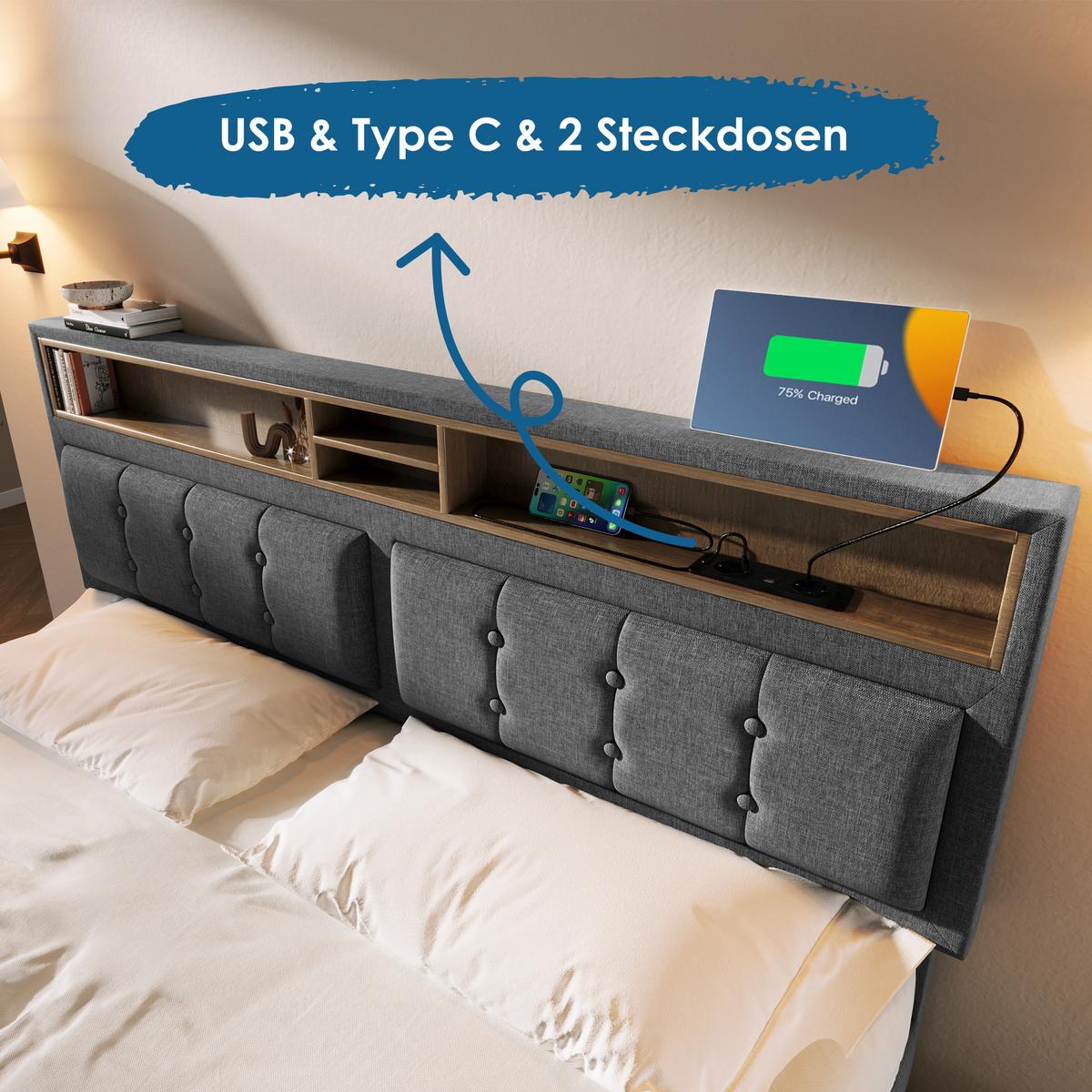 POLSTERBETT Grau 160x200cm mit Stauraum & USB-Anschluss - Grau, Holzwerkstoff/Textil (160/200cm) - Urban Meuble