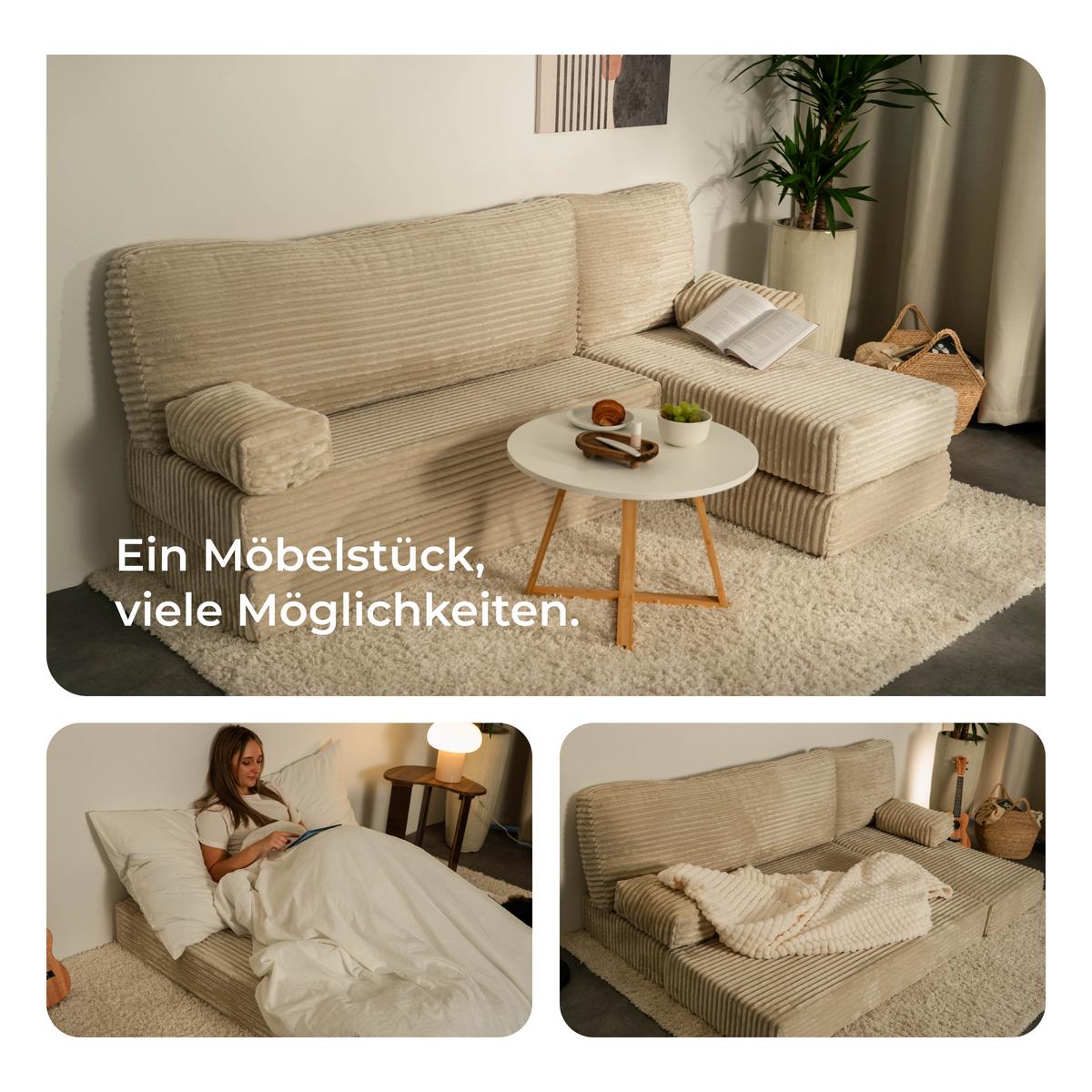 ECKSOFA NOTIA modulares Boneless Sofa mit Schlaffunktion Hellgrau Kordstoff - Hellgrau, Textil (200/120cm) - MASSENO