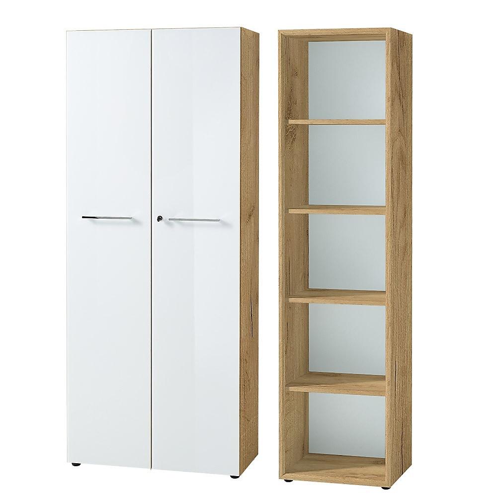 BÜRO-SET MUENCHEN 2-teilig | Schrank & Regal 5 OH | Glas Front & Abschließbar | Chalet-Eiche-Nb./Weiß - Weiß/Braun, Holzwerkstoff/Metall (145/196/37cm) - KADIMA DESIGN