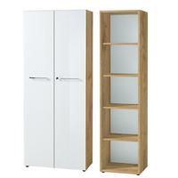 BÜRO-SET MUENCHEN 2-teilig | Schrank & Regal 5 OH | Glas Front & Abschließbar | Chalet-Eiche-Nb./Weiß - Weiß/Braun, Holzwerkstoff/Metall (145/196/37cm) - KADIMA DESIGN
