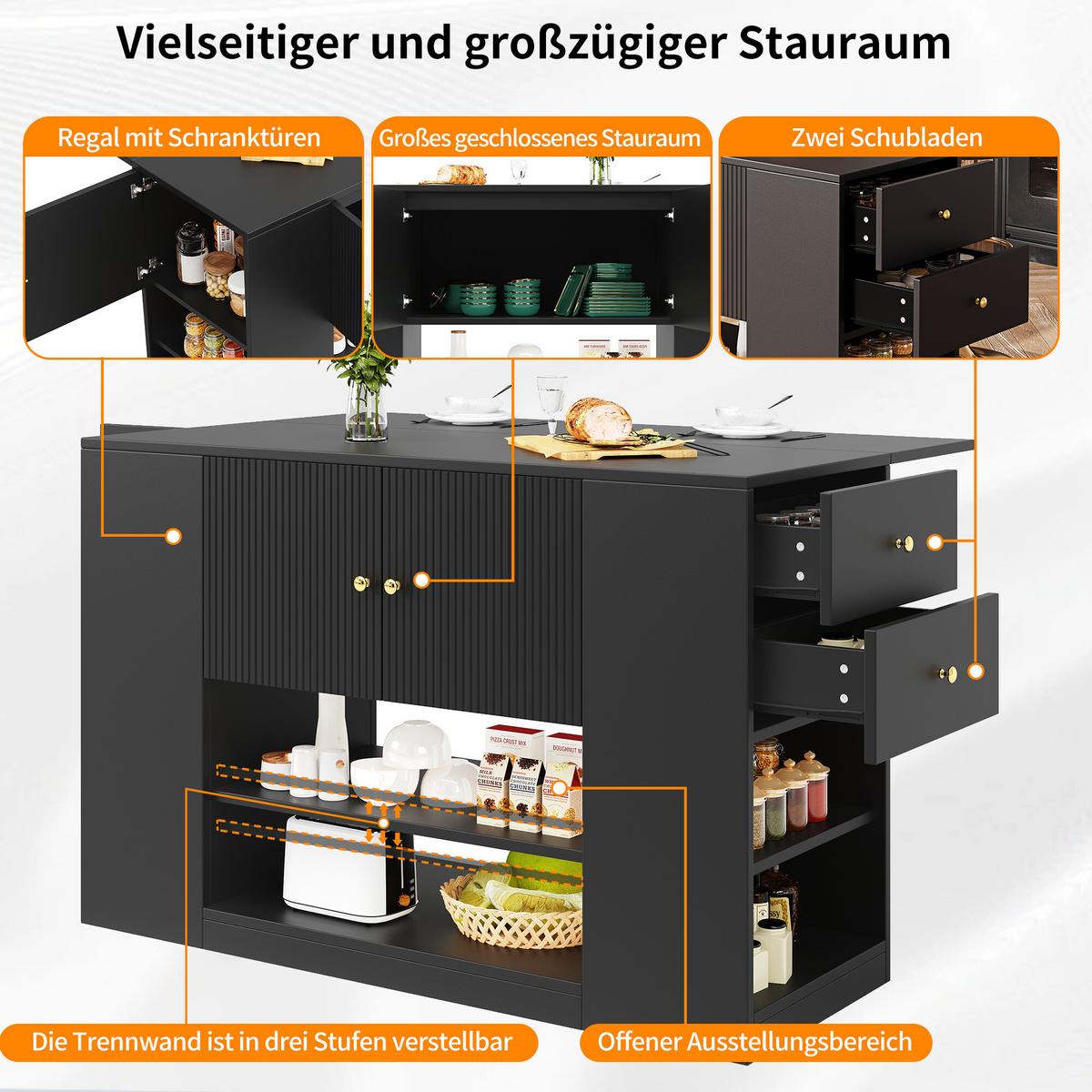KÜCHENINSEL mit Schubladen und Regalen Schwarz - Schwarz, Holzwerkstoff (40/90/140cm) - Urban Meuble