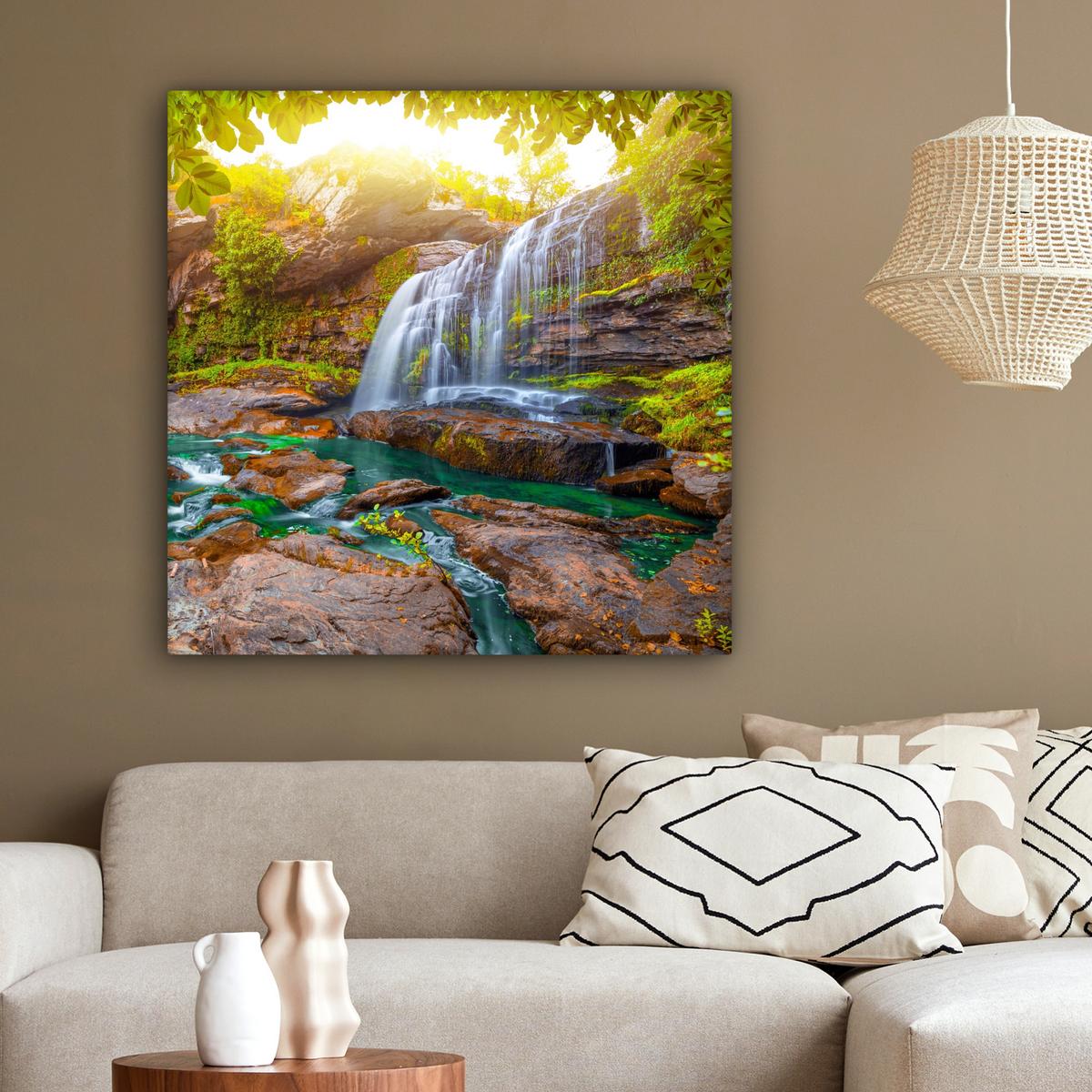 LEINWANDBILD Natur - Wasserfall - Pflanzen - Bäume - Sonne Deko Groß 90x90 cm - Olivgrün, Textil (90/90cm) - MuchoWow