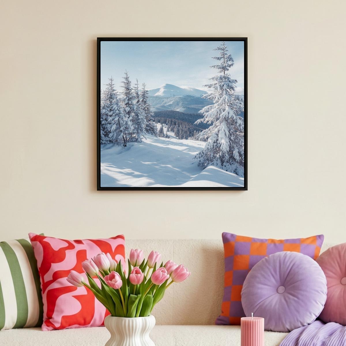 LEINWAND Bilder mit Rahmen - Winterlandschaft - Natur - Berge - Bäume - Schnee - 50x50 - Hellblau, Textil (50/50cm) - MuchoWow