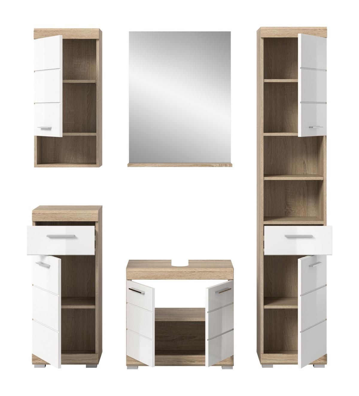 BADMÖBEL-SETWEISS Hochglanz, Eiche 5-teilig 164 cm, Komplettset mit viel Stauraum - Weiß Hochglanz/Eichefarben, Holzwerkstoff (164/191/34cm) - Inn.Furn