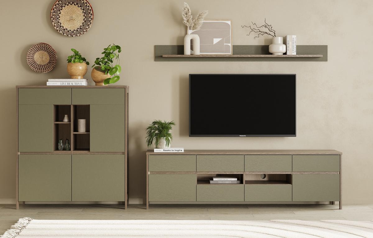 WOHNWAND Salbei grün, Eiche, Wohnkombination skandinavisch 3-teilig 319 cm, Soft-Close - Salbeigrün/Eichefarben, Glas/Holzwerkstoff (319/170/39cm) - Furn.Design