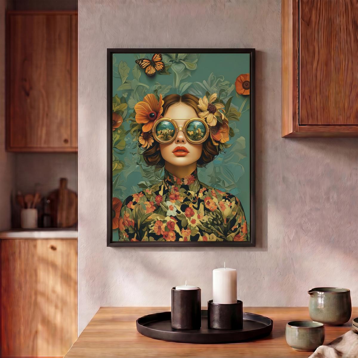 LEINWAND Bilder mit Rahmen - Frau - Blumen - Schmetterlinge - Natur - Vintage - 30x40 - Salbeigrün, Textil (30/40cm) - MuchoWow