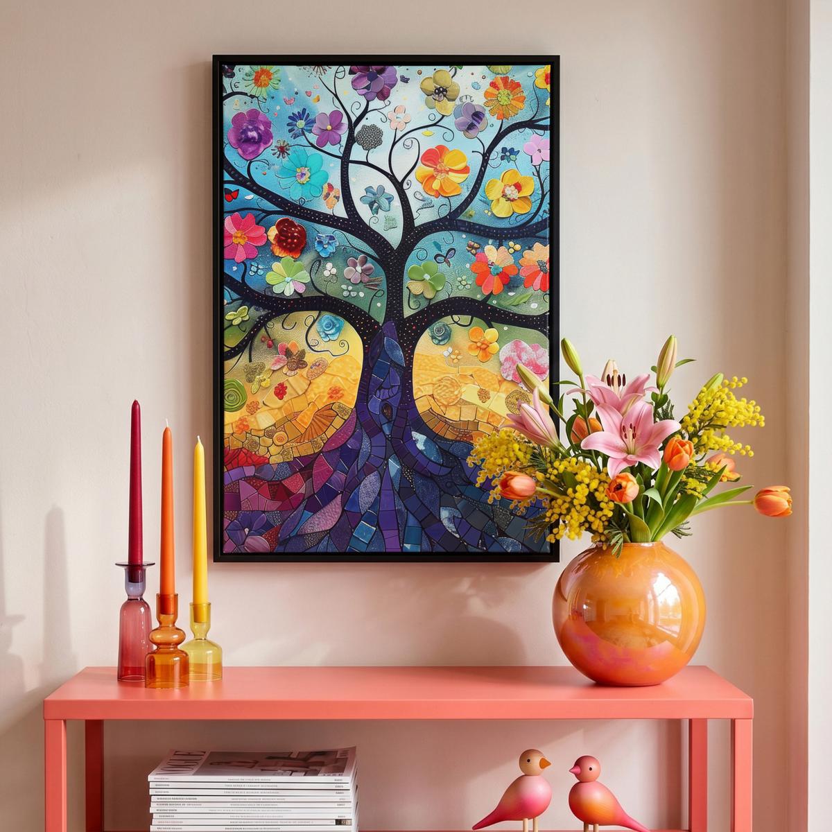 LEINWAND Bilder mit Rahmen - Kunst - Baum des Lebens - Blumen - Hippie - 40x60 - Dunkelblau, Textil (40/60cm) - MuchoWow