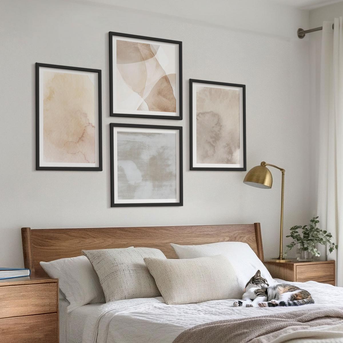 BILDER SET 4er Set - 50x50 cm & 40x60 cm Schwarzer Rahmen - Warme Aquarell-Pastelltexturen - Schwarz, Kunststoff (50/50cm) - TULUP