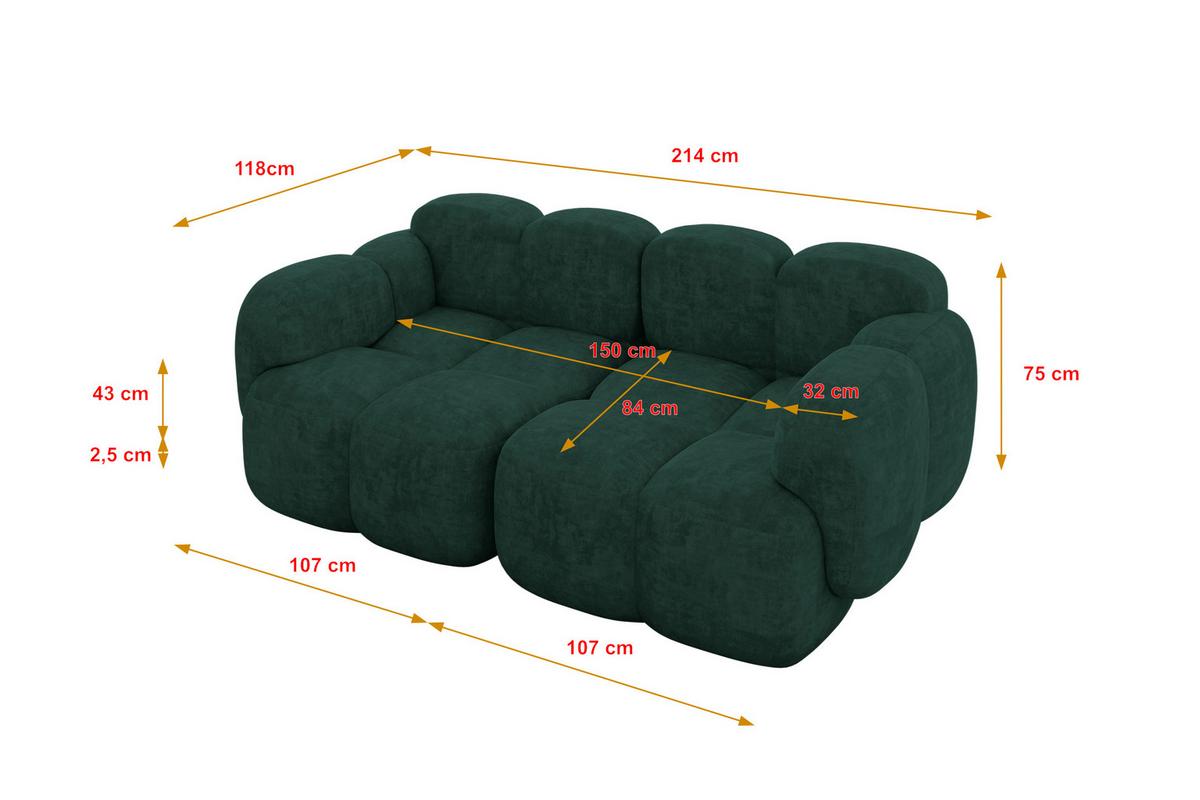 2-SITZER modulares Sofa Miko-S1 214x118x75 cm Grün Velours - Schwarz/Grün, Holzwerkstoff/Kunststoff (214/75/118cm) - ALTDECOR