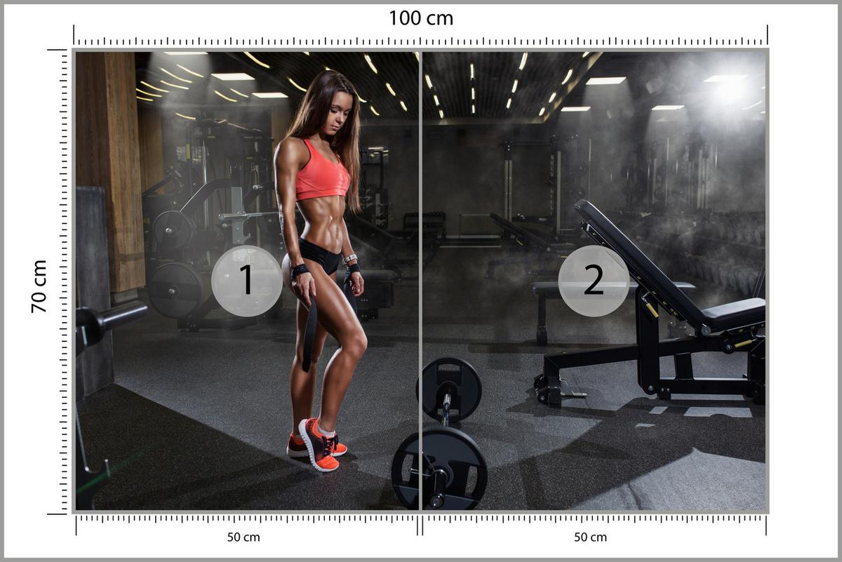 FOTOTAPETE Fit Frau Gym Langhantel Kraft Sport Fitnessstudio 100x70 - Schwarz/Braun, Papier (100/70cm) - Muralo