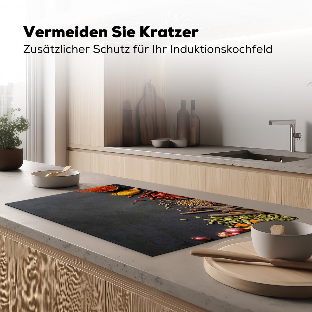 HERDABDECKPLATTE Kräuter - Lebensmittel - Gewürze - Schwarz - Paprika - Zimt Induktionsschutz 91.2x52 cm - Currygelb, Kunststoff (91.2/52/0.2cm) - MuchoWow