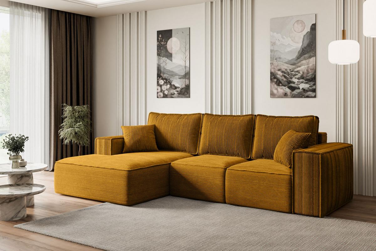 ECKSOFA mit Schlaffunktion und Bettkasten SERRA-L-S - 266x161x87 cm Senfgelb Cord - Currygelb/Schwarz, Holzwerkstoff/Kunststoff (266/161cm) - ALTDECOR