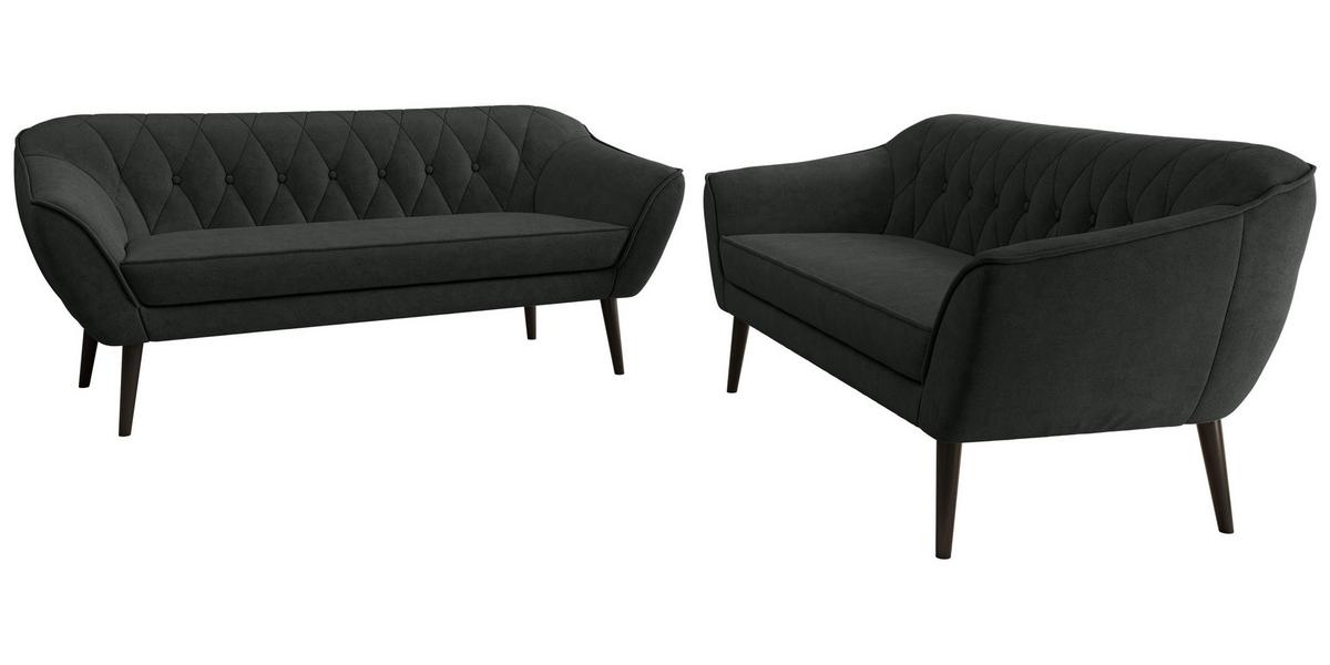SITZGARNITUR PIRS 3+3 - Dunkelgrau Strukture - Schwarze Beine - Dunkelgrau/Graphitfarben, Holzwerkstoff/Textil (180/75/74cm) - MKS