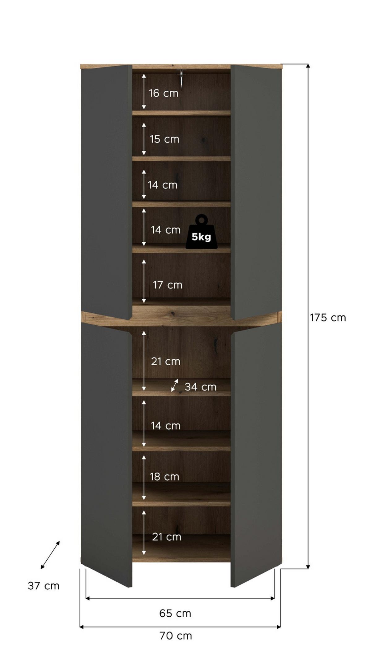 MEHRZWECKSCHRANK grau, Evoke Eiche 70 x 175 cm, Stauraumschrank 4-türig mit 9 Fächern - Eichefarben/Schwarz, Holzwerkstoff/Kunststoff (70/175/37cm) - Inn.Furn