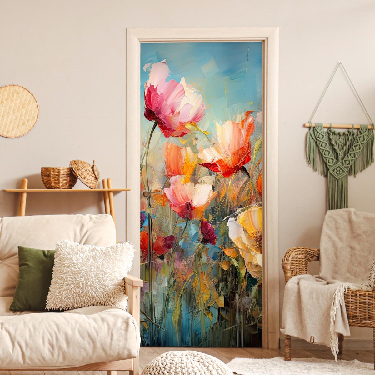 TÜRAUFKLEBER Blumen - Aquarell - Kunst - Botanisch - Natur 90x215 cm - Türtapete - Orange, Kunststoff (90/0.1cm) - MuchoWow
